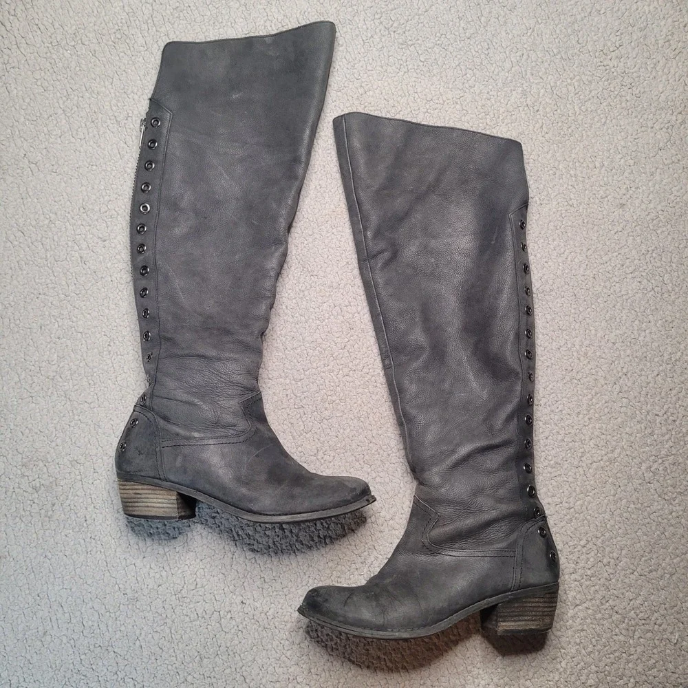 Naughty Monkey Boots 9 Black Leather OTK Grommet Rocker Biker Moto Boho Tall